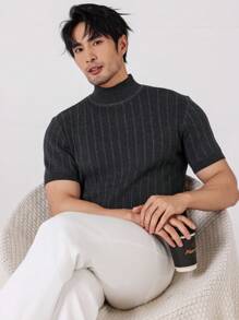 Manfinity Homme 男士休闲纯色立领短袖针织上衣，春秋季 - 黑色 - 查看 7