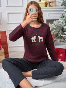 Cottnline 100% Cotton 2 Pcs  Striped New Year Embroidery Detail Shirt And Sleep Bottom Christmas PJ Set - Grey - View 5