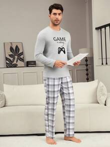 Men's Statement Gamepad Print Crew Neck Loungewear Set With Plaid Pants - Grey - View 3