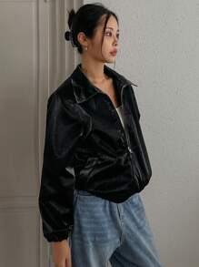 DAZY Women's Solid Color Simple Everyday Long Sleeve Faux Leather Jacket
