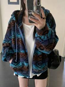 DAZY 女士加厚保暖撞色宽松卫衣波西米亚风卫衣，带保暖内衬秋冬外套 - 藍色 - 查看 5