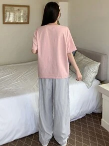 DAZY 2pcs Minimalist Stripe Shirt And Pajama Pants Homewear Set - Multicolor - View 2