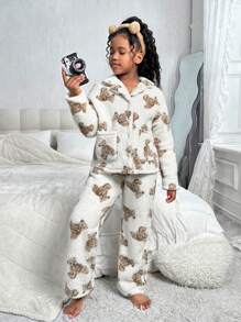 SHEIN 2pcs Tween Girl Cute Bear Pattern Collar Long Sleeve Top And Thermal Lined Pajama Pants Soft & Cozy Winter Sleepwear Sets - Khaki - View 6
