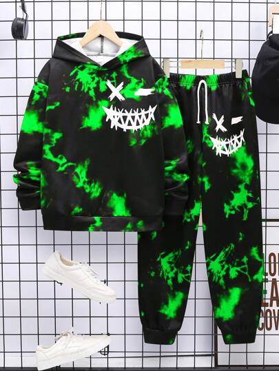 2pcs/Set Halloween Tween Boy Tie-Dye Smiling Face Pattern Hooded Sweatshirt And Sweatpants