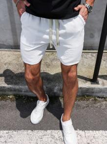 Manfinity Homme 男士纯色抽绳腰冰丝亚麻短裤纯色休闲度假白色抽绳短裤，适合老公、男朋友的礼物