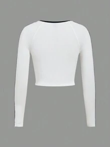 SHEIN EZwear 女士秋冬街头潮流图案编织带圆领长袖修身 T 恤 - 白色 - 查看 2