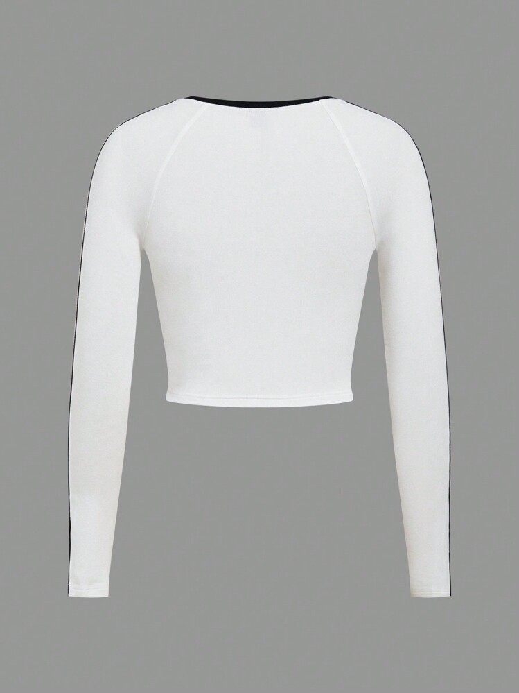 SHEIN EZwear 女士秋冬街头潮流图案编织带圆领长袖修身 T 恤 - 白色 - 查看 2