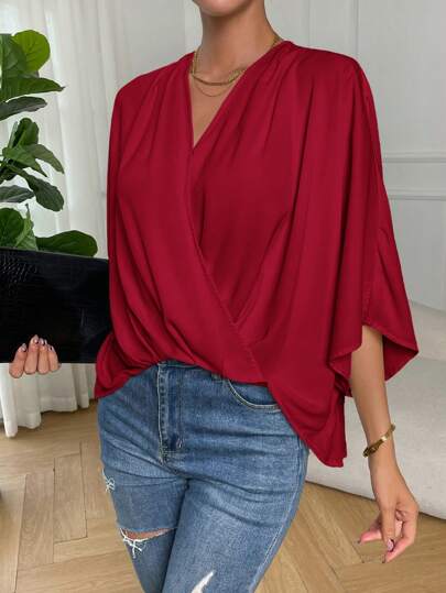 SHEIN Essnce Plus Size Women's Summer Tops Fashion Casual Commuting Elegant Work Cross Wrap V-Neck Cape 7-Point Sleeves Loose Top Blouse