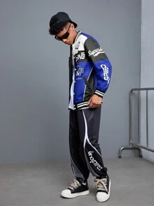 SHEIN 青少年男童休闲拼接撞色棒球夹克，赛车标志印花长袖罗纹腰带运动外套 - 寶藍色 - 查看 11