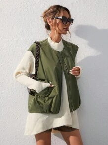 SHEIN Essnce Double Zip Button Loose Vest - Army Green - View 3