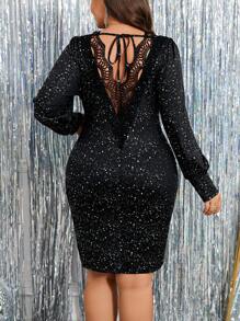 SHEIN Clasi Váy sequin hở lưng cổ chữ V ren cỡ lớn cho nữ - màu đen - Xem 3