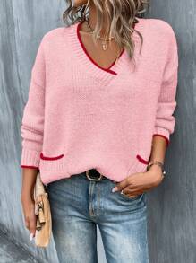 SHEIN LUNE Jersey de bolsillo con manga larga y ribete de color contrastante, uso casual de todos los días
