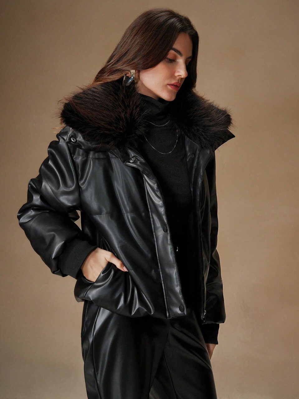 Black Fluffy Collar Leather Jacket, Thickened