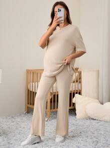 SHEIN Bộ 2 món đồ bầu thanh lịch cổ tròn rộng rãi có thể điều chỉnh cạp chun - Màu be - Xem 5