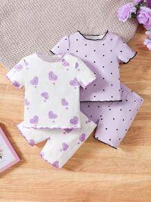SHEIN 4 件套女宝宝休闲荷叶边袖卡通图案阻燃家居短裤套装，夏季 - 淡紫色 - 查看 1