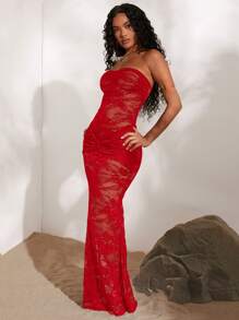 Opulessa Casual Knitted Lace Slim Fit Strapless Mermaid See Through Dress For Women Maxi Women  Bachelorette  Sexy  Dresses Party Sexy - Red - View 4