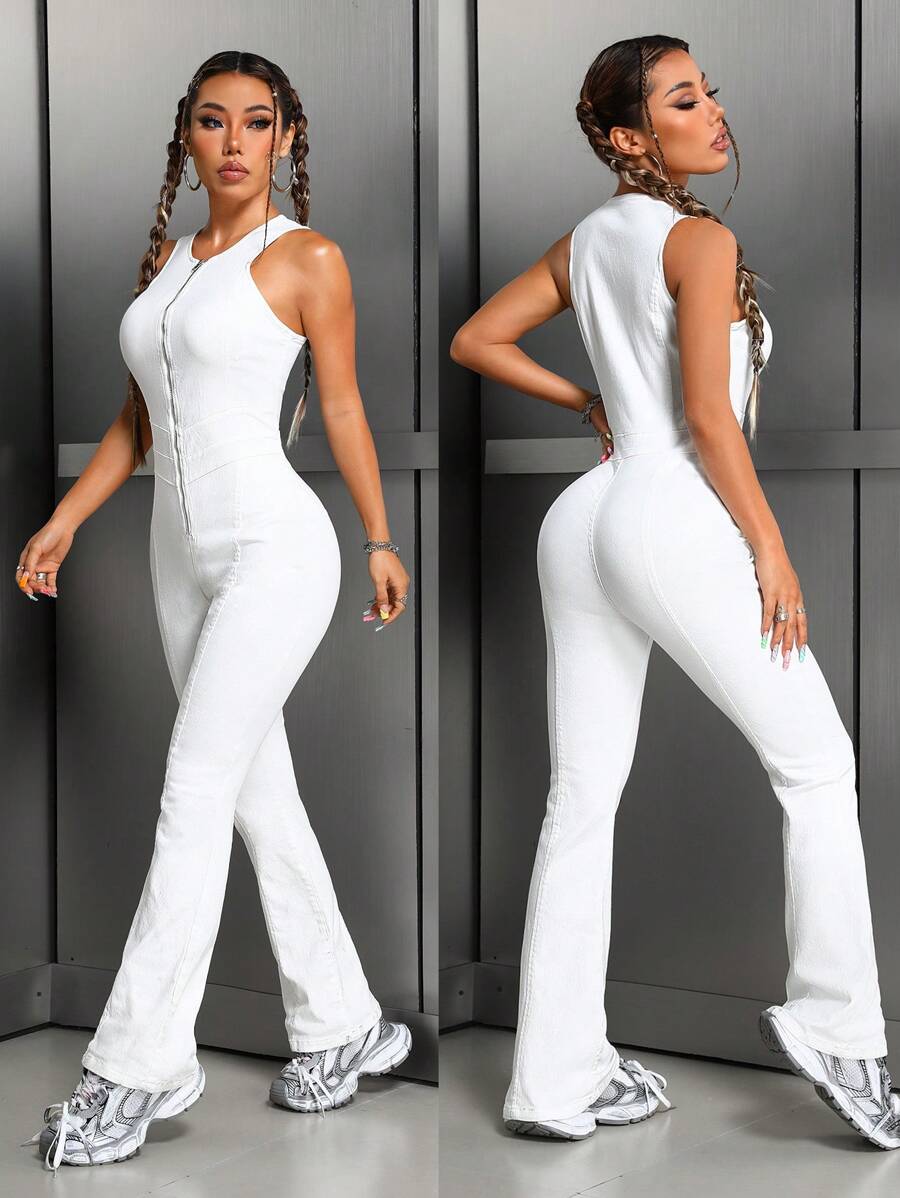 SHEIN ICON 1 bộ đồ liền thân denim trơn không tay mùa hè giản dị - trắng - Xem 1