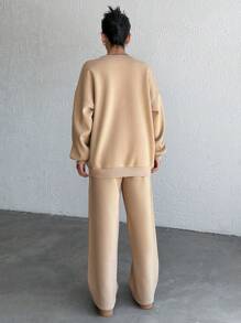 EURMUSE Cotton Solid Color Oversized Drop Shoulder Sweatshirt & Sweatpants Set - Beige - View 2