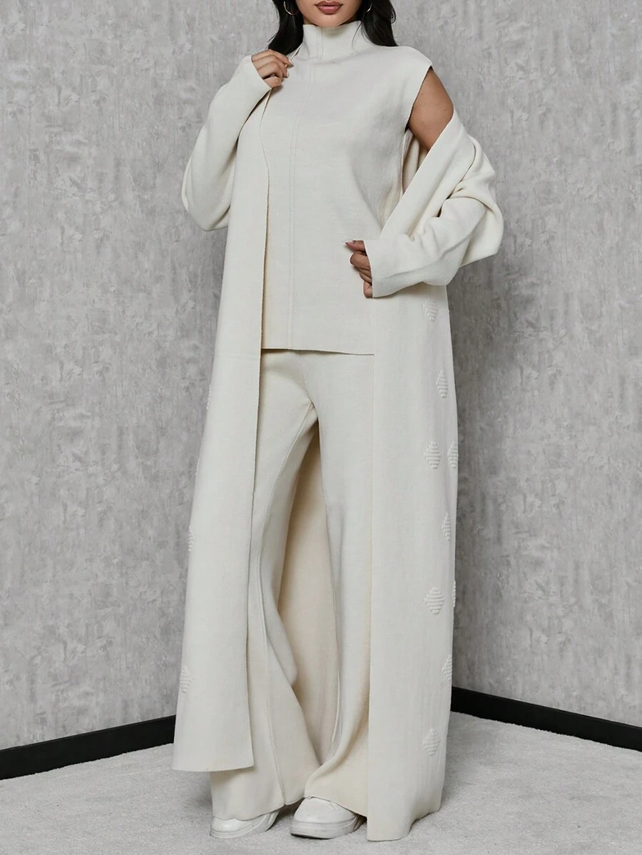 SHEIN Tall High Neck Knit Top And Knit Pants And Open Front Cardigan - Apricot - View 1