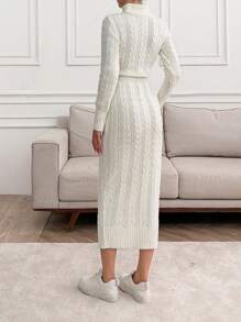 SHEIN Cottnline Elegant Cable Knit Pattern Long Fitted Sweater Dress, Autumn Winter - Beige - View 2