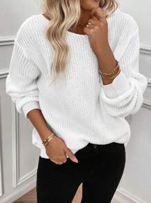 EMERY ROSE Plain Crew Neck Long Sleeve Contrast Guipure Lace Minimalist Sweater, Casual Daily Wear, Knit Pullover Fall Winter - White - View 4