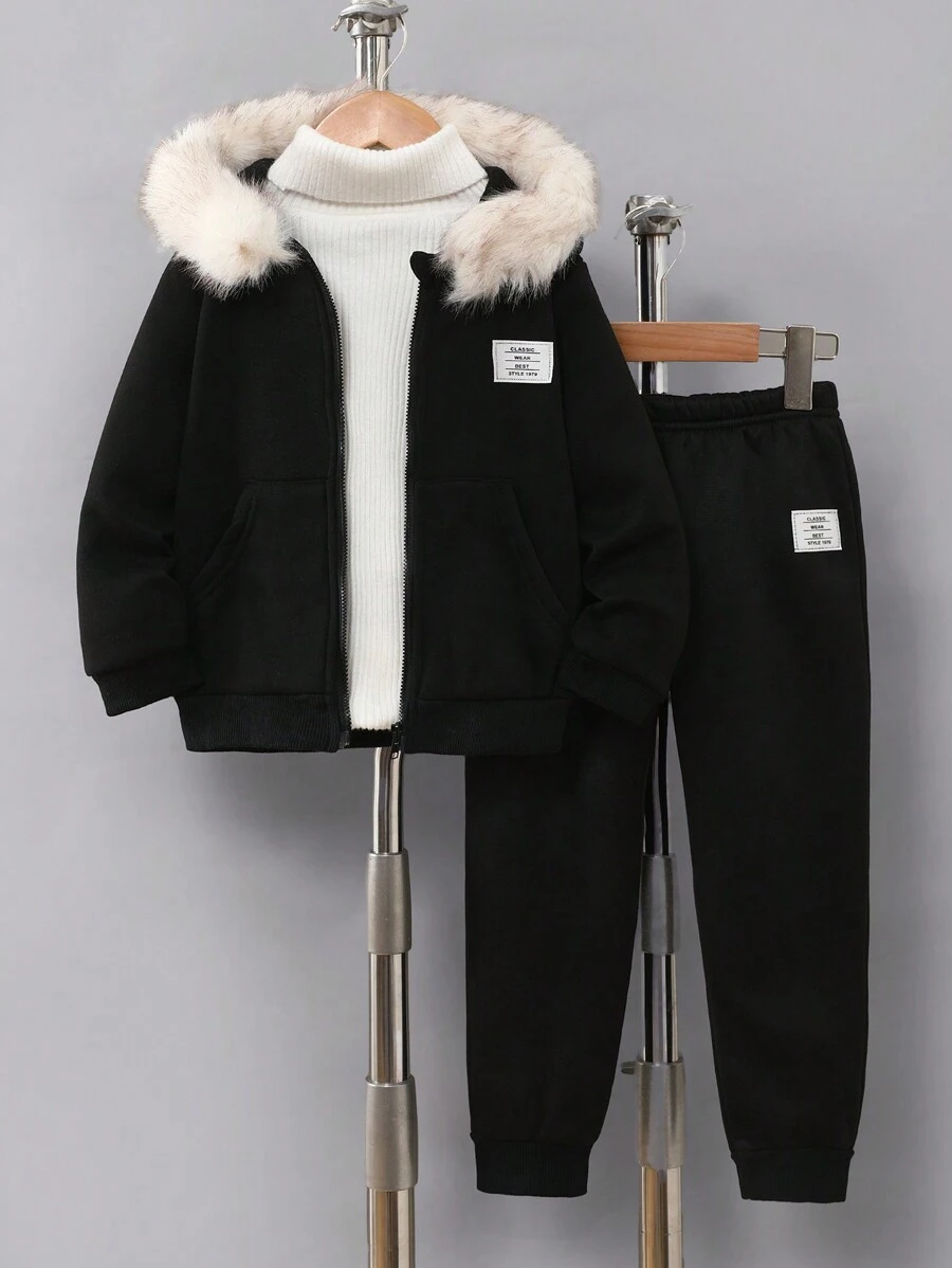 SHEIN 2 件装年轻男童字母和毛绒拼布连帽夹克和裤子休闲套装，秋冬 - 黑色 - 查看 1