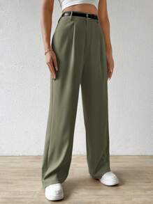 SHEIN EZwear Quần ống đứng thường ngày cho nữ có thắt lưng, thời trang đường phố - màu xanh lá - Xem 5