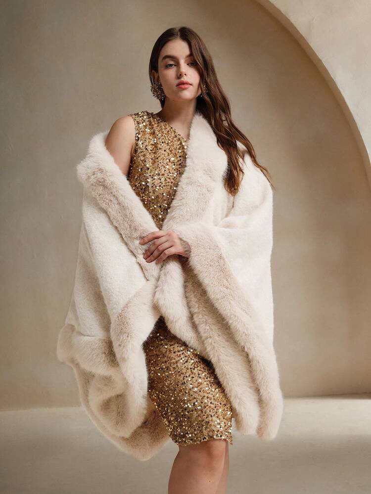 Women Plus Size Elegant Apricot Color Patchwork Fluffy Collar Coat