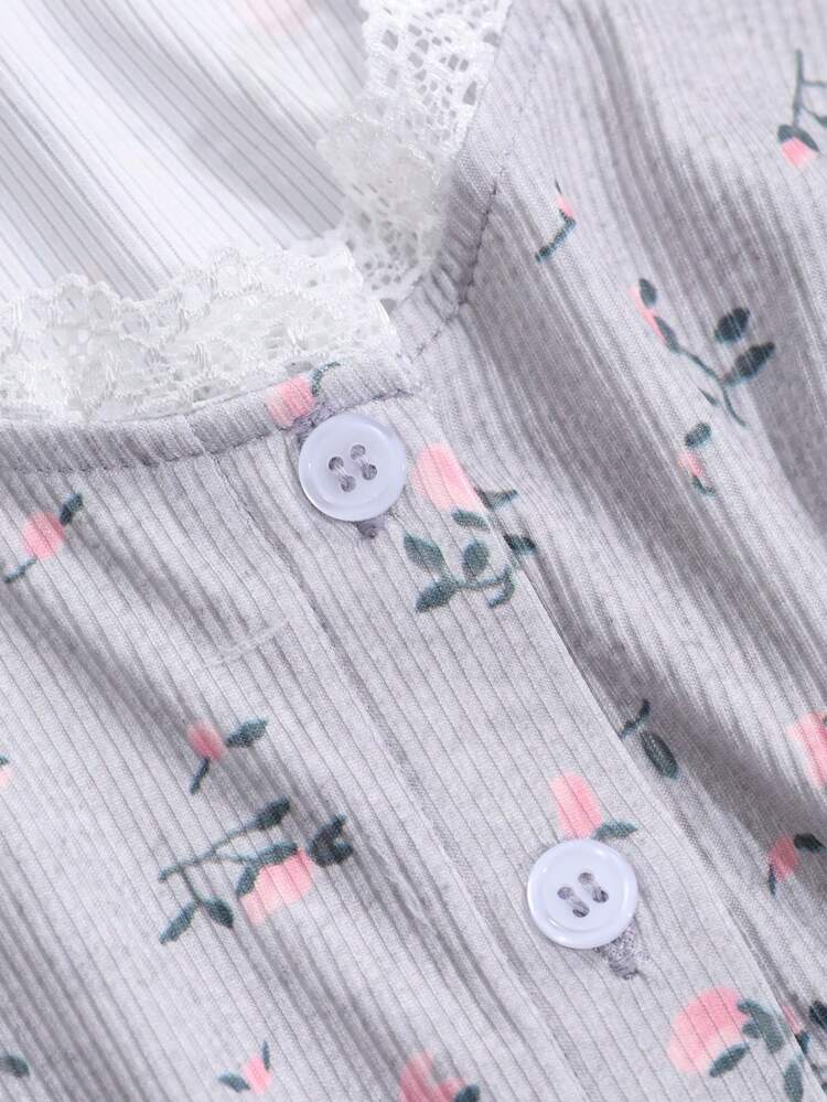 Lace Patchwork Ditsy Floral Fitted Pajama Set, Fall Winter Clothes