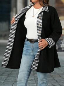 SHEIN LUNE 大码拼色千鸟格图案夹克，秋冬 - 黑色 - 查看 4
