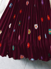 SHEIN LUNE Chân váy xếp ly in hoa toàn thân cỡ lớn, thường ngày ngày lễ - Màu Đỏ Sâu - Xem 4