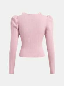 Teen Girl Pink Pullover Sweater Suitable For Fashionable Teenage Girls, Showcasing Elegance. The Fitted Design Brings A Dimensional Look, And The Beaded V-Neck Structure Adds Graceful Allure. - Pink - View 2