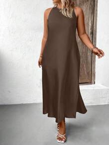 SHEIN Clasi Vestido de satén maxi para mujer de talla grande, de cuello redondo sin mangas, con bajo dividido, para uso casual cotidiano