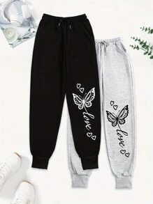 SHEIN EZwear 女士蝴蝶印花抽绳口袋黑色和灰色慢跑裤 - 彩色 - 查看 1