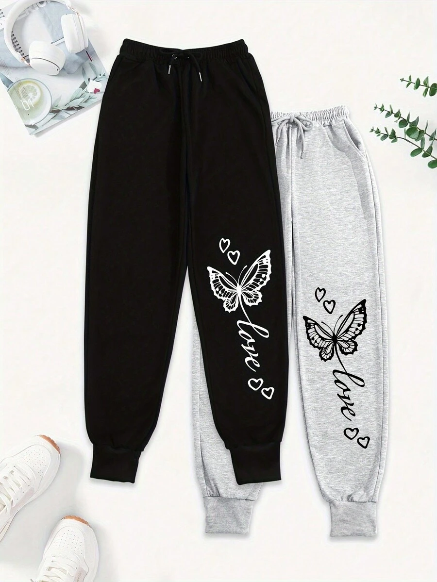 SHEIN EZwear 女士蝴蝶印花抽绳口袋黑色和灰色慢跑裤 - 彩色 - 查看 1