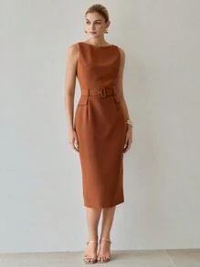 MOTF PREMIUM SOLID FLAP DETAIL BUCKLE BELTED MIDI DRESS