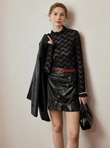 Falda mini evasé de mujer con volantes en el bajo, de piel de poliuretano