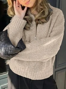 INAWLY 女士纯色前拉链长袖休闲衬衫、长袖上衣 - 杏色 - 查看 3