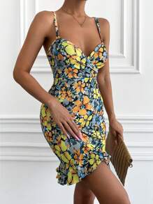 EURMUSE Women's Spaghetti Strap Backless Sleeveless Allover Allover Print Ruched Fitted Dress - Multicolor - View 5