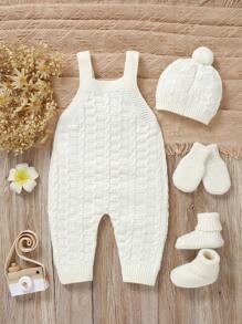 Baby Girl 4 Pieces Knitwear Set Includes A Romper With Overalls, A Hat, Gloves, And Shoes. The Simple Yet Elegant Design Features A Small Pocket On The Chest For A Playful Touch. Made Of Soft, Comfortable Fabric To Keep Your Little One Warm And Cozy. The Carefully Coordinated Colors And Styles Make Dressing Your Baby Easy. The Added Hat, Gloves, And Shoes Provide Comprehensive Warmth And Care. This Practical Yet Stylish Set Is A Perfect Choice For Parents, Combining Functionality And Fashionable Parent-Child Style.