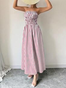 Chiquease Women Vacation Strapless  Striped Shirred Dress - Dusty Pink - View 1