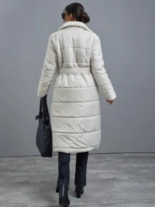 SHEIN Cottnline Puffer Jacket With Dropped Shoulder Line, Welt Pocket, Slot In The Side Seam And Snap Closure, Wide English Collar Made From Teddy Bear Fabric - Beige - View 2