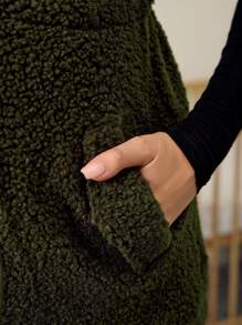 SHEIN Maternity Fuzzy Collar Button Vest Jacket, For Autumn & Winter Pregnancy - Army Green - View 3