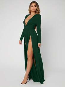 SHEIN SXY Plus Size Women's Plunging Deep-V Neck High Split Shoulder Pad Dress, Suitable For Date Night, Birthday, Bachelorette Party Outfit, Casual, Shopping, Going Out, Vacation, Beach, Easy To Match & Looks Slim, Flatter The Figure