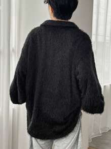 FRIFUL Áo cánh tay dài cổ đứng buộc phía trước rộng rãi cho nữ mùa thu/đông - màu đen - Xem 7