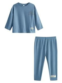 SHEIN Baby Girl Cute Knitted Letter Print Long Sleeve Top And Elastic Waist Pants Set - Blue - View 5