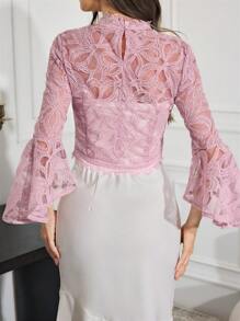 Modelyn 女式春夏花卉网眼立领喇叭袖透明衬衫 - 藕粉色 - 查看 2