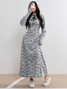 Seusyu Ladies' Casual Letter Print Hooded Dress Spring Autumn - Grey - View 2