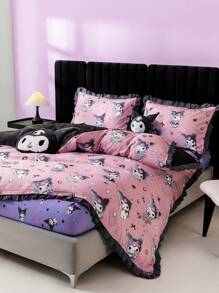 HELLO KITTY AND FRIENDS | SHEIN Cartoon Kuromi Print Contrast Ruffle Trim Bedding Set - Baby Pink - View 2