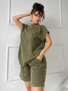 SHEIN SXY 2 piezas Conjunto de sudadera vintage de estilo desgastado y pantalones cortos de pierna ancha de verano, conjunto informal